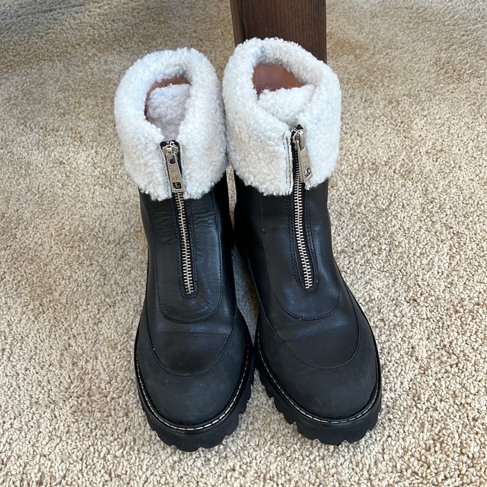 J. Crew SZ 7.5 black Gwen lug sole front zip fur trim boots
